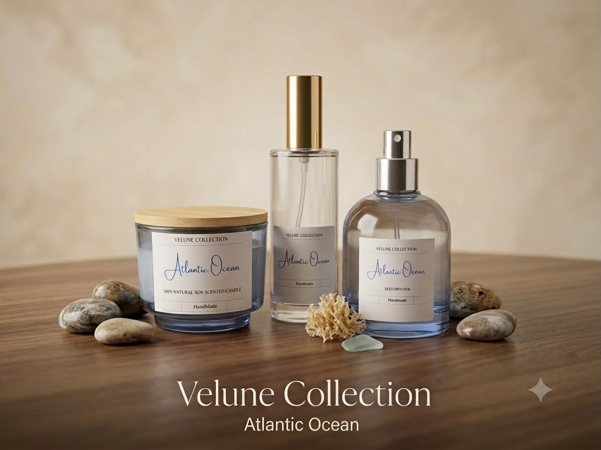 Velune Collection — Atlantic Ocean scented candle, diffuser, and spray